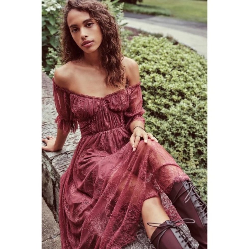 New Free People Bordeaux Dear Jane Lace Midi Dress Size 10